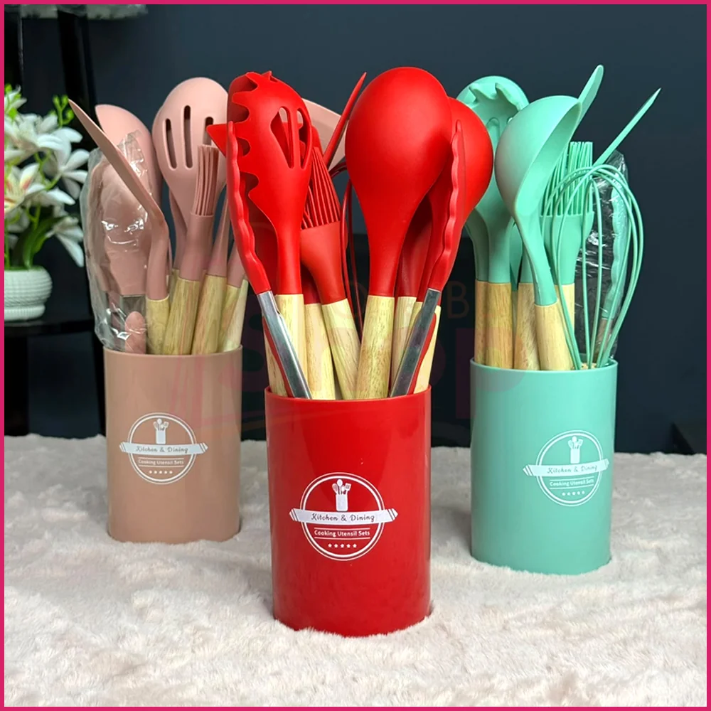 Premium Silicone Kitchen Utensil Set with Wooden Handle – 12 Pcs Cooking Tools Set